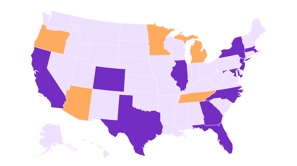 Metrobi's courier service and same-day delivery distribution map: US states highlighted in purple and orange.
