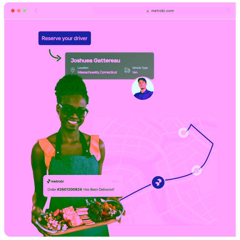 Metrobi delivery interface for artisan food businesses showing a professional with a charcuterie board, driver profile for Joshuea Gattereau, live GPS route tracking, and a delivery confirmation notification.