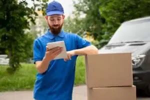 delivery guy in blue checking his route - multi stop route planning