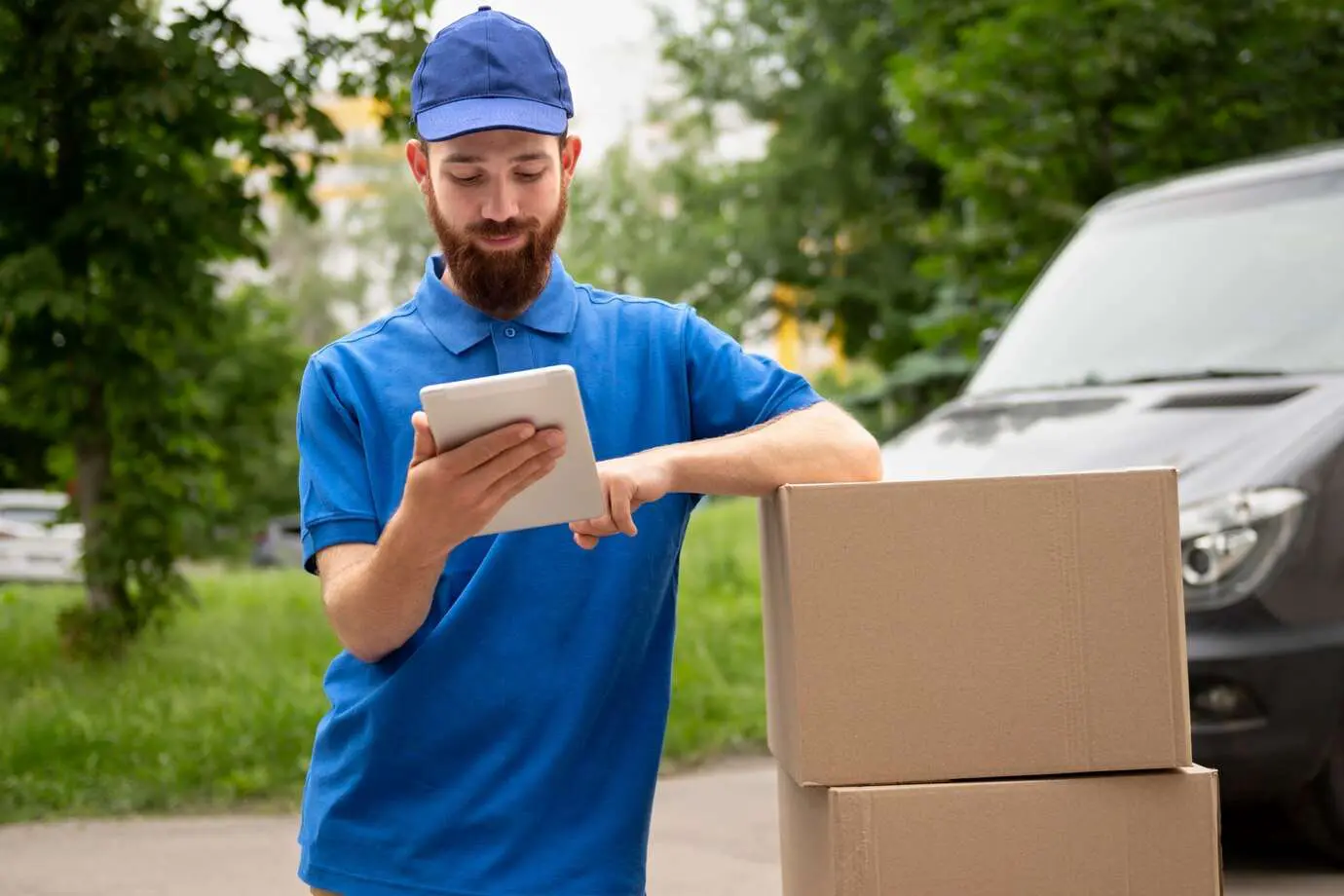 Delivery Guy In Blue Checking His Route - Multi Stop Route Planning