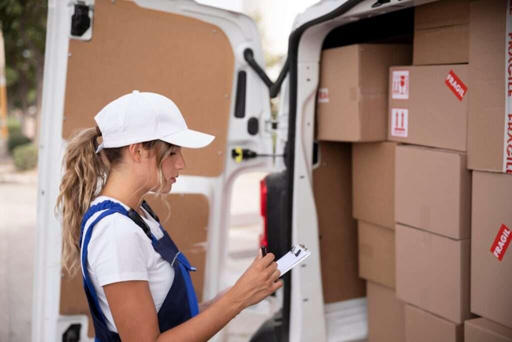 delivery lady with white hat - real time tracking in logistics