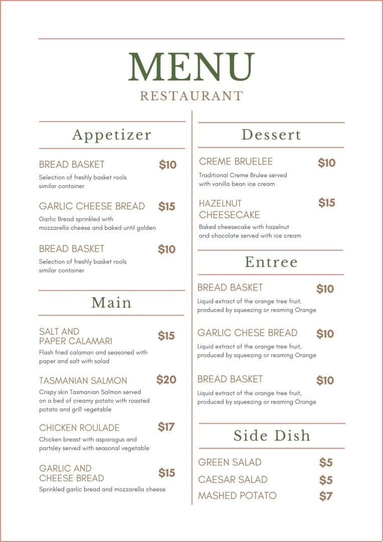 Restaurant menu examples discount