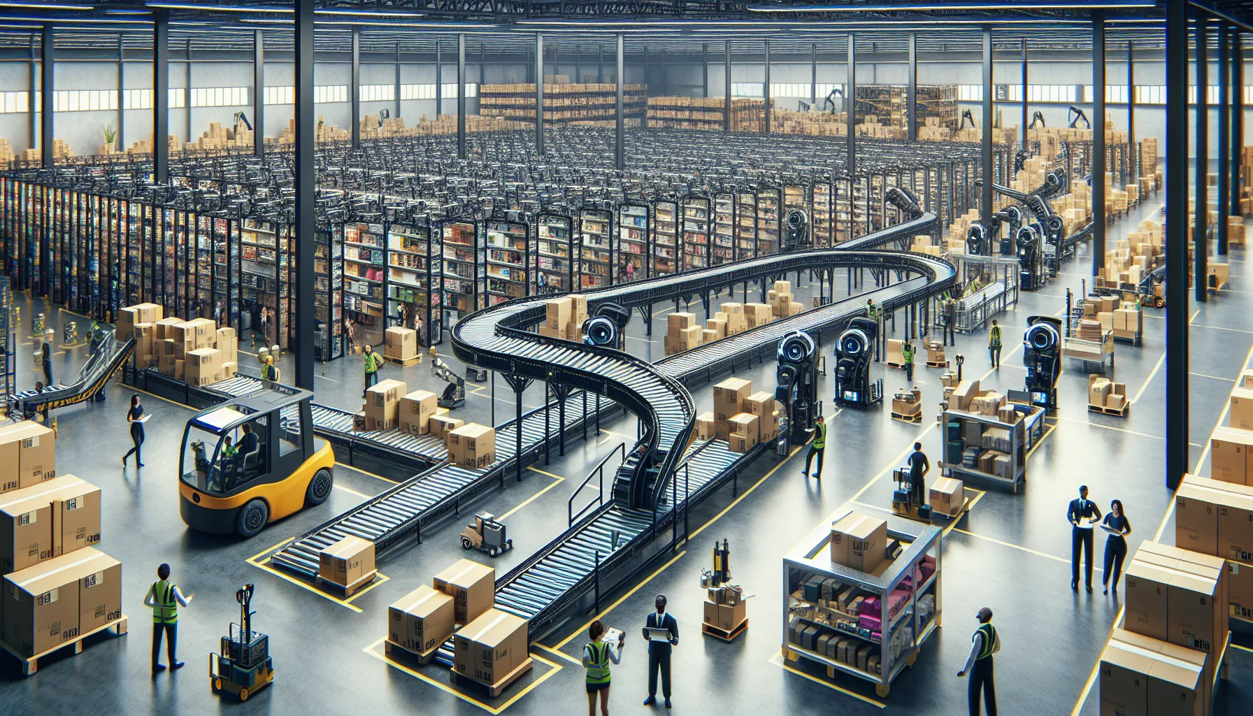 Automated facility with conveyors and staff, highlighting key differences between a warehouse and a fulfilment centre in logistics.