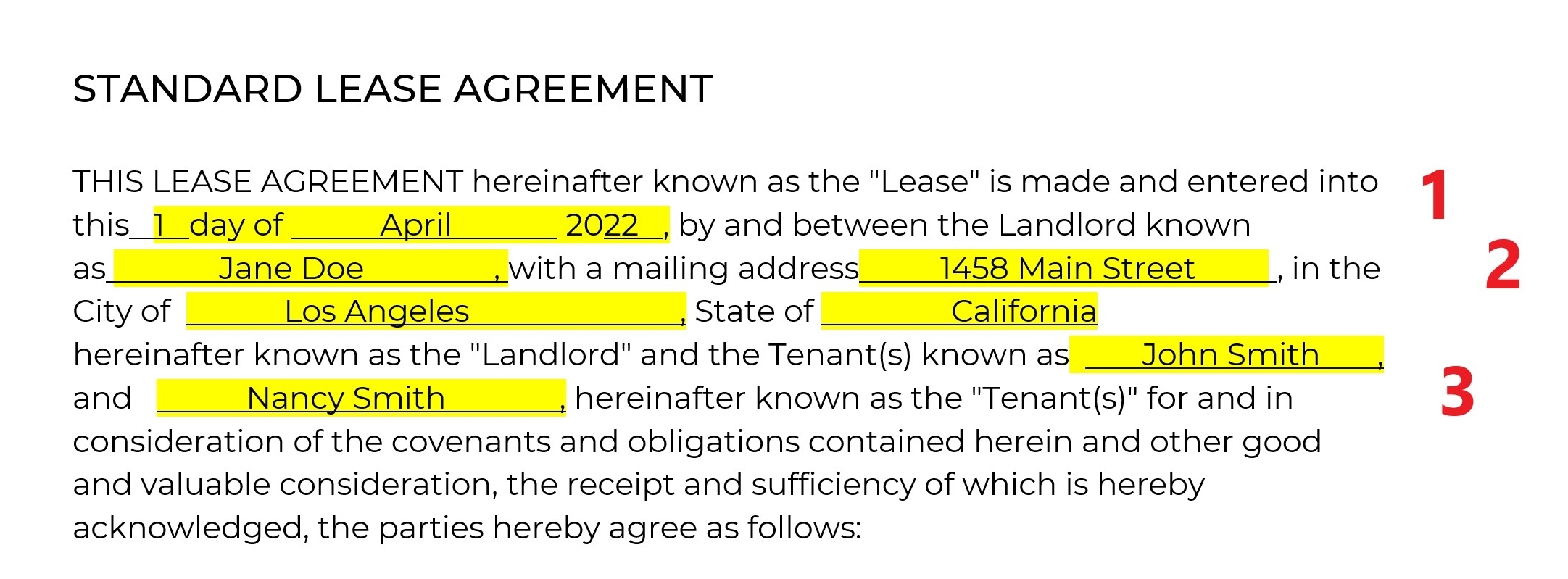 Sample of a standart lease agreement with key areas highlighted.