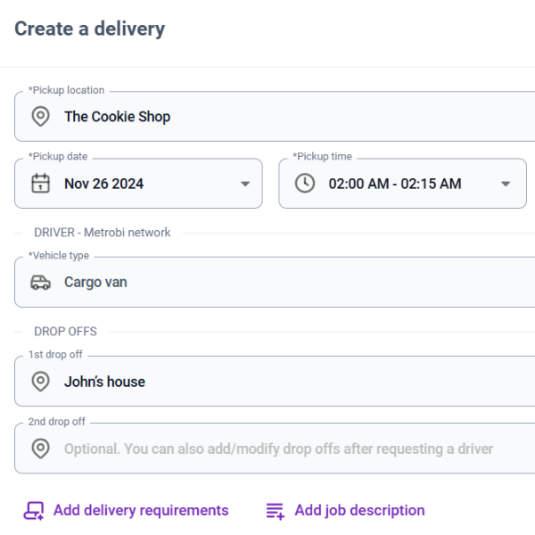 Metrobi Local Courier Delivery Service - Local Delivery Service - Create Delivery