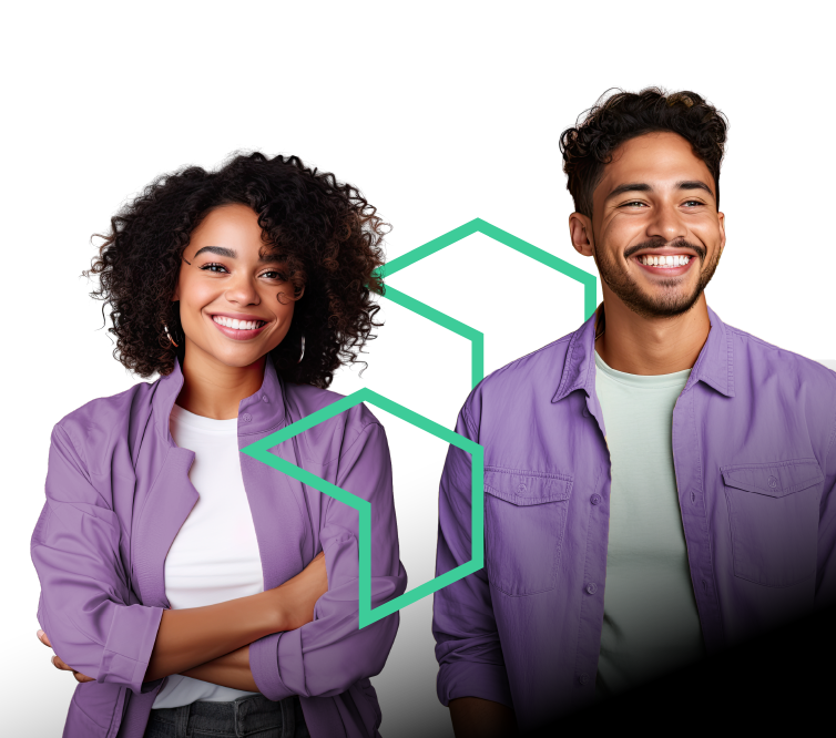 A smiling woman with curly hair and a man with short hair, both wearing light purple jackets, standing next to a green abstract shape.