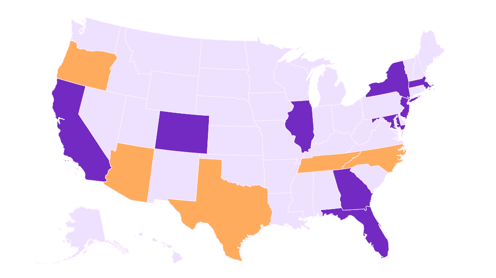 Metrobi's courier service and same-day delivery distribution map: US states highlighted in purple and orange.