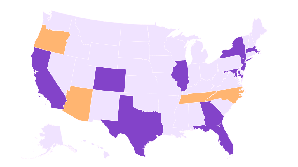 Metrobi's courier service and same-day delivery distribution map: US states highlighted in purple and orange.