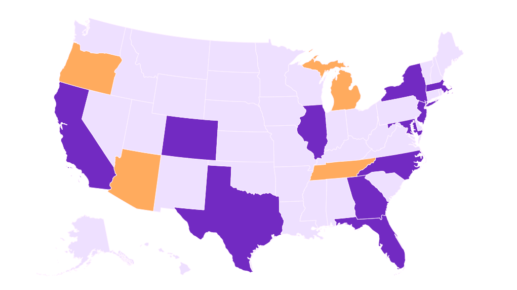 Metrobi's courier service and same-day delivery distribution map: US states highlighted in purple and orange.
